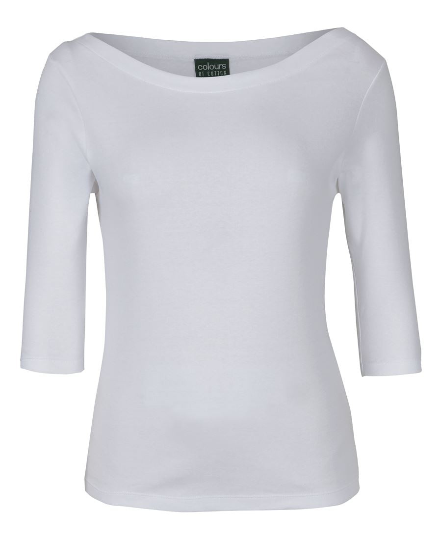 LADIES 3/4 SLEEVE BOAT NECK TEE - WHITE