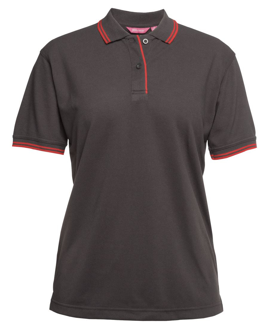 LADIES CONTRAST POLO - GUNMETAL/RED