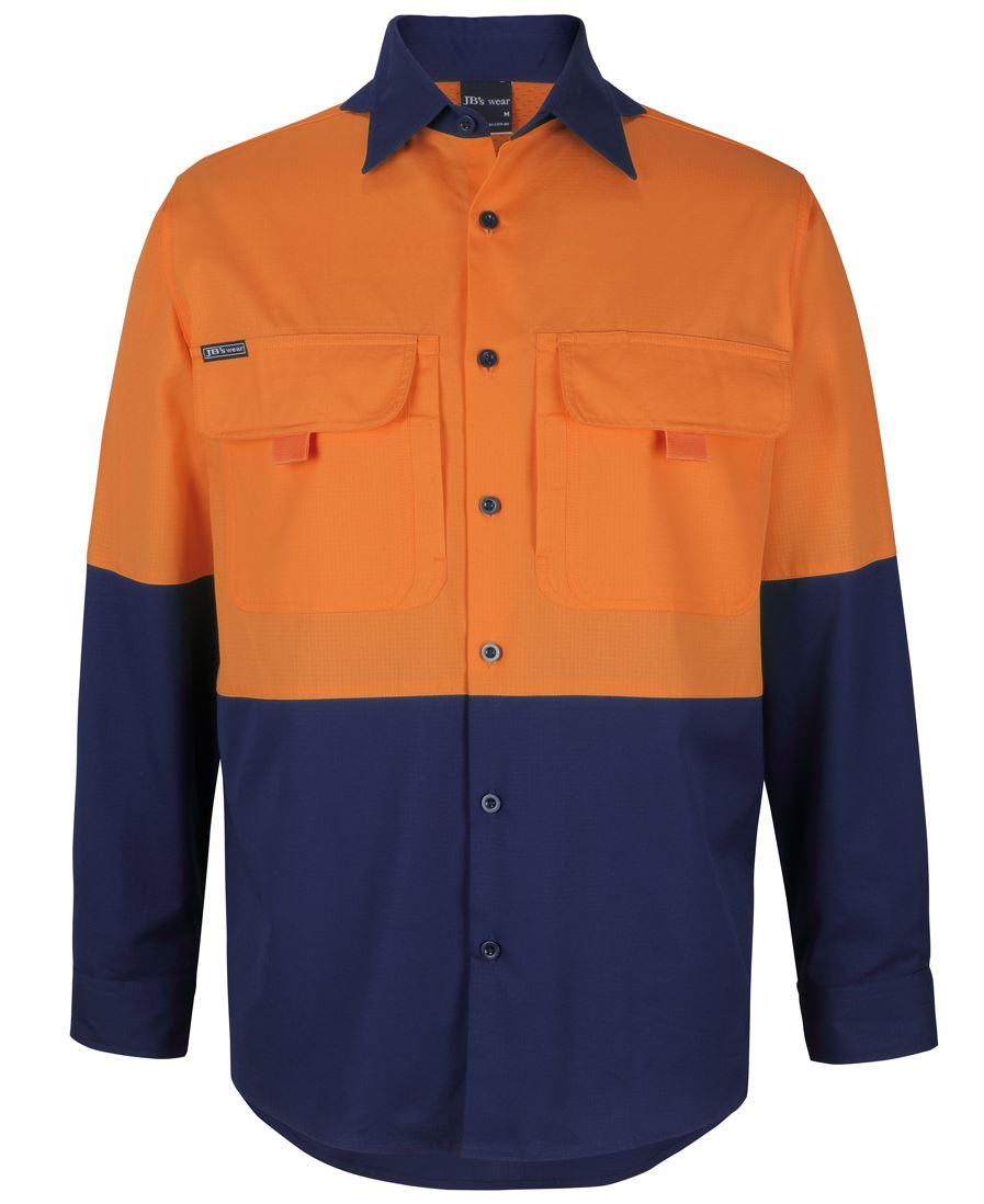 JB's HV L/S RIPSTOP FISHING SHIRT - Orange/Navy