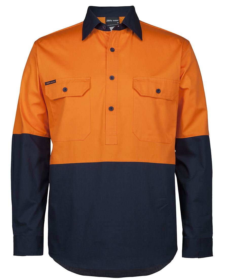 JB's HV CLOSE FRONT L/S 150G WORK SHIRT - Orange/Navy