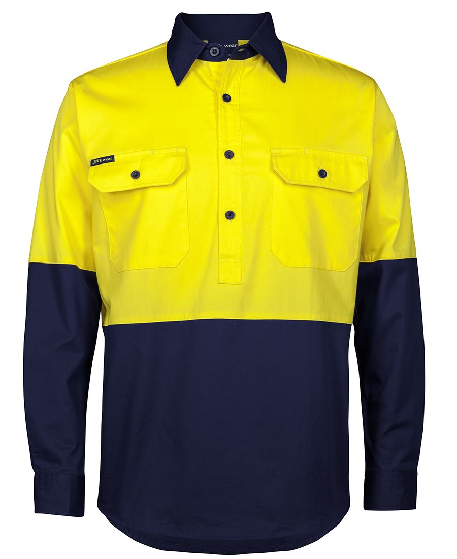 JB's HV CLOSE FRONT L/S 150G WORK SHIRT - Yellow/Navy