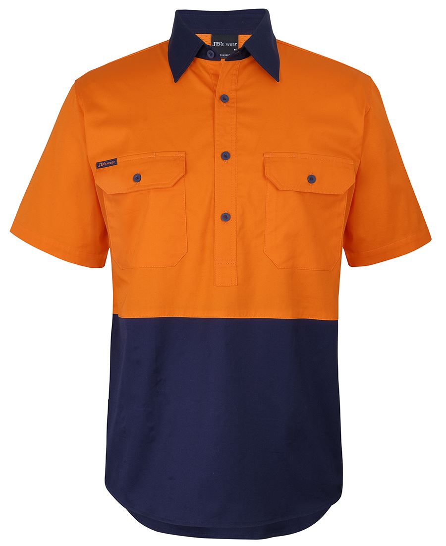 JB's HV CLOSE FRONT S/S 150G WORK SHIRT - Orange/Navy